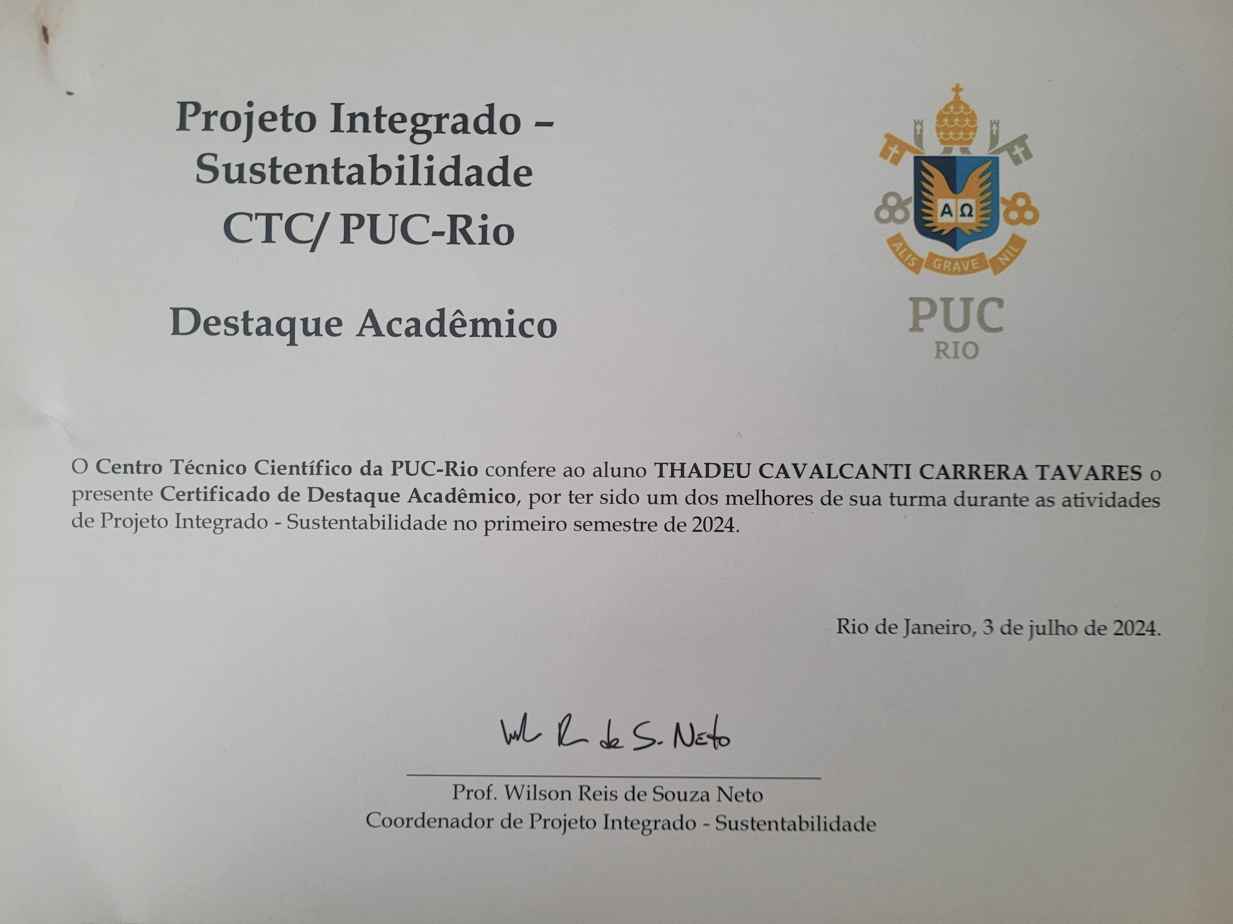 Certificado Projeto de Sustentabilidade - PUC-Rio